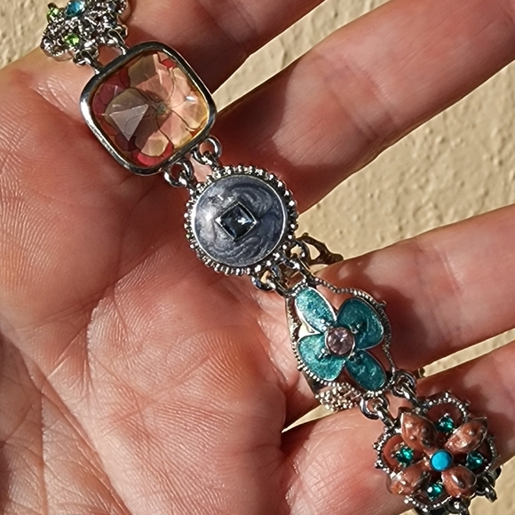 Napier Silver and Turquoise Floral Enamel Rhinestone Bracelet Designer Jewelry - Picture 3 of 10
